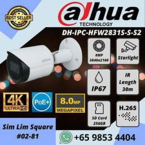 CCTV CAMERA DAHUA DH-IPC-HFW2831S-S-S2 4K 8MP IP-POE STARLIGHT SMART-IR WEATHERPROOF IP67 Bullet Camera