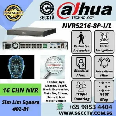 DAHUA 16CH NVR DHI-NVR4216-16P NVR5216-8P-IL 16PoE 20TB SMART H.265 Face Recognition People Counting Network Recorder Security System CCTV Camera Singapore