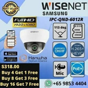 Hanwha Techwin QND6012R Camera Samsung Dome Camera Showroom Office Home Mall Government Agency 2MP 1080P Full HD H.265 IP POE SD Card IR 20m Wide Angle 114 degree
