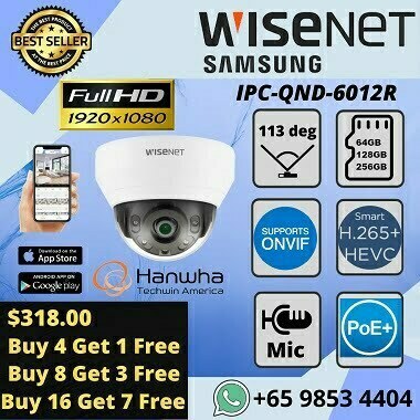 Hanwha Techwin QND6012R Camera Samsung Dome Camera Showroom Office Home Mall Government Agency 2MP 1080P Full HD H.265 IP POE SD Card IR 20m Wide Angle 114 degree