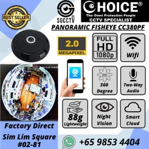 WIDE ANGLE CAMERA CC380PF FISHEYE LEN 360 DEGREE WIRELESS WIFI IP CAMERA LIGHT WEIGHT NO DRILLING CLOUD SD CARD STORAGE FULL HD HIGH RESOLUTION