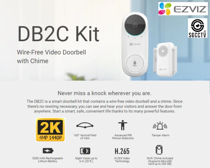 EZVIZ Video Doorbell DB2C 4MP 2K IP65 Weatherproof Outdoor Video Intercom Two-Way Talk 256GB storage Indoor Chime Plus WIFI Extender Human Motion Detection