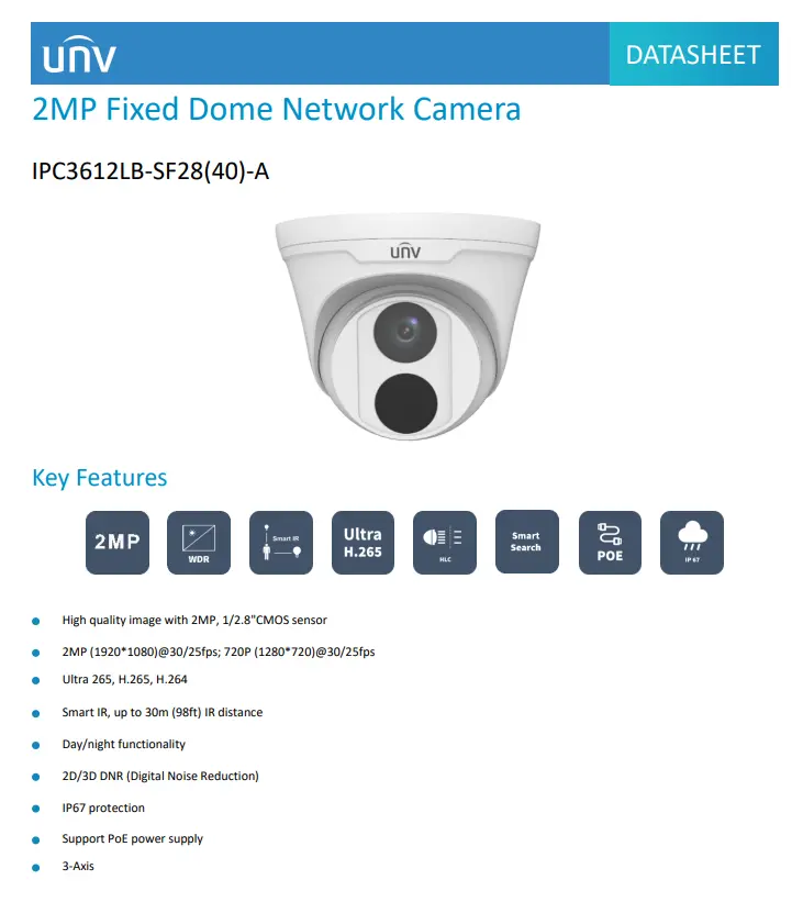 UNV 2MP POE Dome Camera IPC3612LB-SF28-A WORLD CLASS CCTV Manufacturer IR 30meter IP67 Weatherproof CCTV Camera Repair Replace Upgrade Sim Lim Square CCTV Shop