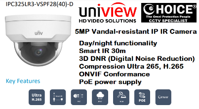 UNV 5MP Dome IP Camera IPC325LR3-VSPF28-D IP67 Outdoor Weatherproof Night Vision 30m Security System Supplier CCTV Camera Singapore