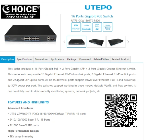 UTEPO Gigabit PoE Switch UTP3-GSW1604TS-P200 Industrial Switch Gigabit Media Converter Network Surge Protector Outdoor Power Station