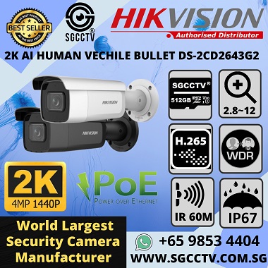 HIKVISION 4MP Motorized Varifocal DS-2CD2643G2-IZS IP Bullet Camera Night Vision Smart IR IP67 iVMS-4200 Hik-Connect Hik-Central APP 256GB SD Storage POE