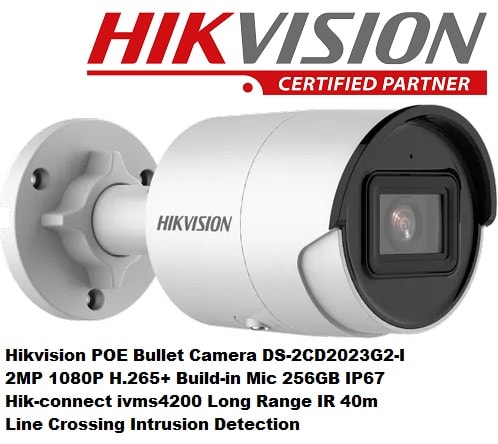 Hikvision POE Bullet Camera DS-2CD2023G2-I 2MP 1080P H.265+ Build-in Mic 256GB IP67 Hik-connect ivms4200 Long Range IR 40m Line Crossing Intrusion Detection