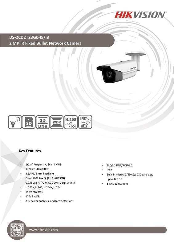 Hikvision POE Bullet Camera DS-2CD2T23G0-I5-I8 2MP 1080P H.265+ 256GB IP67 Hik-connect ivms4200 Super Long IR 50m 80m AI Line Crossing Intrusion Detection