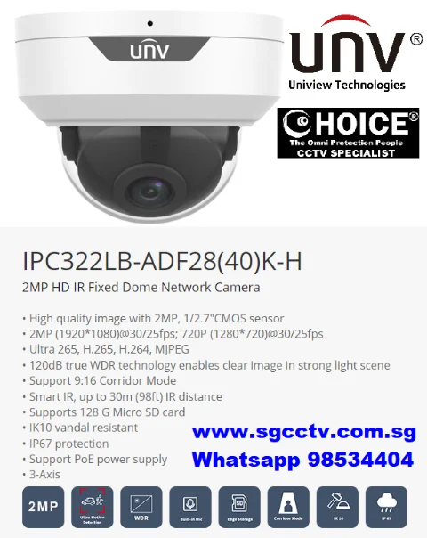 UNV IP CAMERA DOME IPC322LB-ADF28K-H Uniview POE CCTV CAMERA 2MP H.265 IP67 Outdoor Weatherproof CCTV Camera Installation Repair Replace CCTV Store Sim Lim SQ