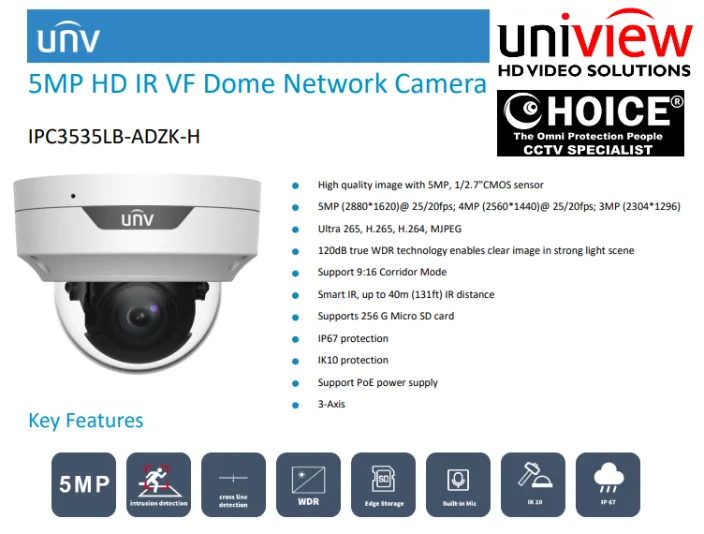 UNV IP CAMERA DOME IPC3535LB-ADZK-H Uniview POE CCTV CAMERA 5MP H.265 IP67 Outdoor Weatherproof CCTV Camera Installation Repair Replace CCTV Store Sim Lim SQ