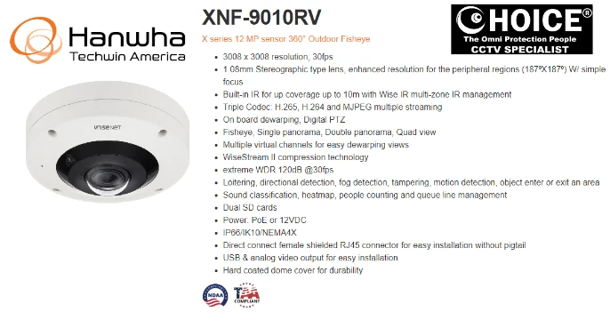WISENET HANWHA FISHEYE CAMERA XNF-9010RV 12MP 360° H.265 POE IP66 Samsung Korea Military Office Security system supplier Security system installation service