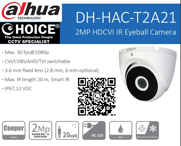 DAHUA 2MP HDCVI IR Eyeball Camera DH-HAC-T2A21 Smart IR IP67 12 VDC Hikvision Dahua Uniview Security System SGCCTV Wireless IP Camera Hikvision DVR Dahua NVR AIPHONE Video Intercom Door Access CCTV Camera Repair