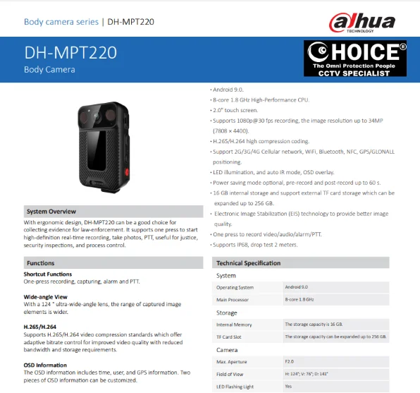 DAHUA 4G Body Worn Camera DH-MPT220 Police Body Worn IP68