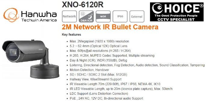 Hanwha Techwin Wisenet LNO-6010R 6020R 2Megapixel Full HD Network IR Bullet Camera Motion detection Tampering DWDR IR viewable length 20m LDC Lens Distortion Correction KOREA SECURITY SYSTEM