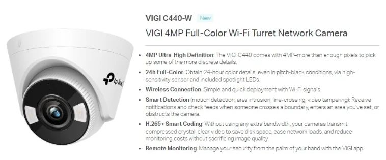 TP-Link 4MP WIFI DOME Camera VIGI-C440-W Full-Color 2-WAY-AUDIO Network IPC Home Security Office Surveillance Retail Stores Security Cameras Installation
