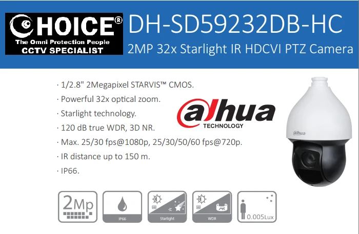 DAHUA PTZ Camera DH-SD59232DB 2MP 32X HDCVI ZOOM H.265+ ONVIF 32x Starlight IR PTZ 360 Pan Tilt Zoom Outdoor IP66 IR-150m Security CCTV Camera Singapore