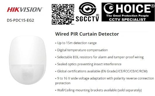 HIKVISION Wired PIR Curtain Detector DS-PDC15-EG2 Passive Infrared Technology Compatibility Wired Connection Tamper Detection Low Power Consumption Alarm System