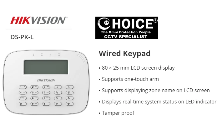 HIKVISION Wired Keypad DS-PK-L Wired Connectivity Numeric Keypad Backlit Display  Tamper Detection Arming/Disarming Zone Control Security Alarm Home Alarm System