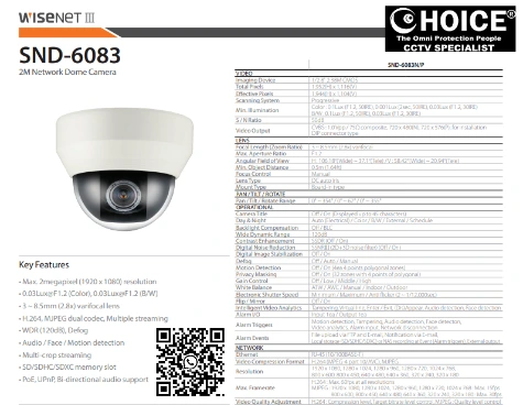 Hanwha Techwin Wisenet SND-6080R 2MP Network IR Dome Camera IR viewable length 30m, IK08 Digital auto tracking, Sound classification, Tampering Day & Night ICR WDR150dB SECURITY SYSTEM