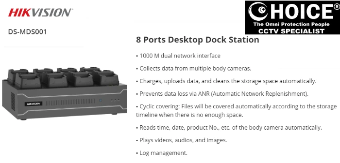 HIKVISION DOCK STATION DS-MDS001 8-Ports BODY WORN CAMERA AUTO UPLOAD BACKUP VIDEOS SUPPORT 32TB STORAGE CLOUD DATA MANAGEMENT SYSTEM Security System Camera