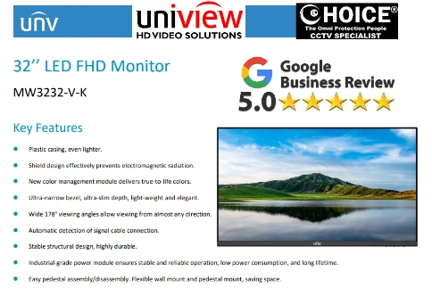 UNV MONITOR 32-inch MW3232-V-K Commercial Grade 24x7 Full HD energy efficiency Wide Angle VESA Slim Design CCTV Monitor Singapore