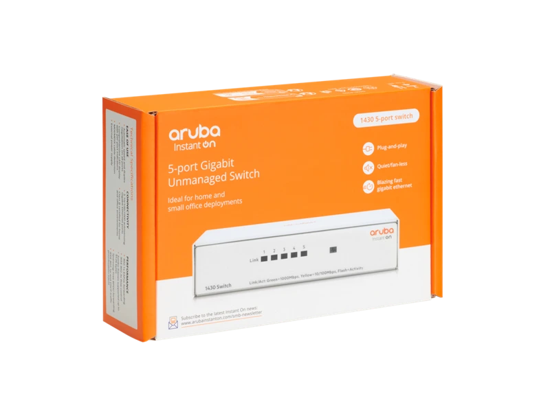 HPE Aruba Networking 5p Gigabit 1430 R8R44A 5 Gigabit Ethernet Ports Fanless Design Compact Form Factor Instant On Switch Plug-and-Play VLAN Support 