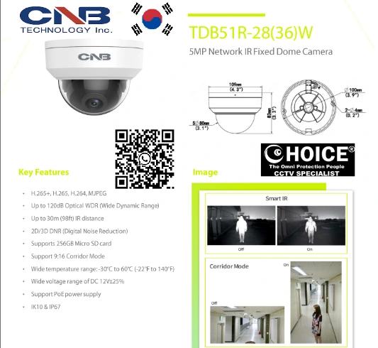 CNB KOREA 5MP Dome Camera TDB51R KOREA CCTV Security System H.265+ POE ONVIF IR-30meter IP67 256GB SGCCTV SECURITY PACKAGE CCTV Camera Installation Singapore