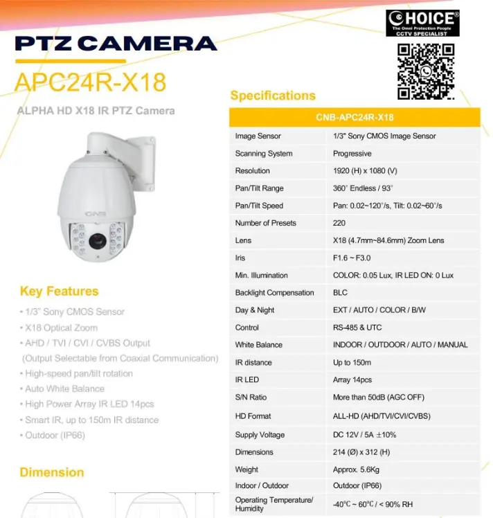 CNB KOREA IR PTZ CAMERA APC24R-18X High Definition Imaging Wide Dynamic Range ONVIF Multiple Streaming KOREA SECURITY SYSTEM CCTV Camera Installation Singapore