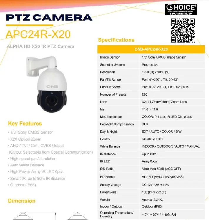 CNB KOREA IR PTZ CAMERA APC24R-X20 High Definition Imaging Powerful Optical Zoom ONVIF Compatibility SGCCTV SECURITY PACKAGE CCTV Camera Installation Singapore