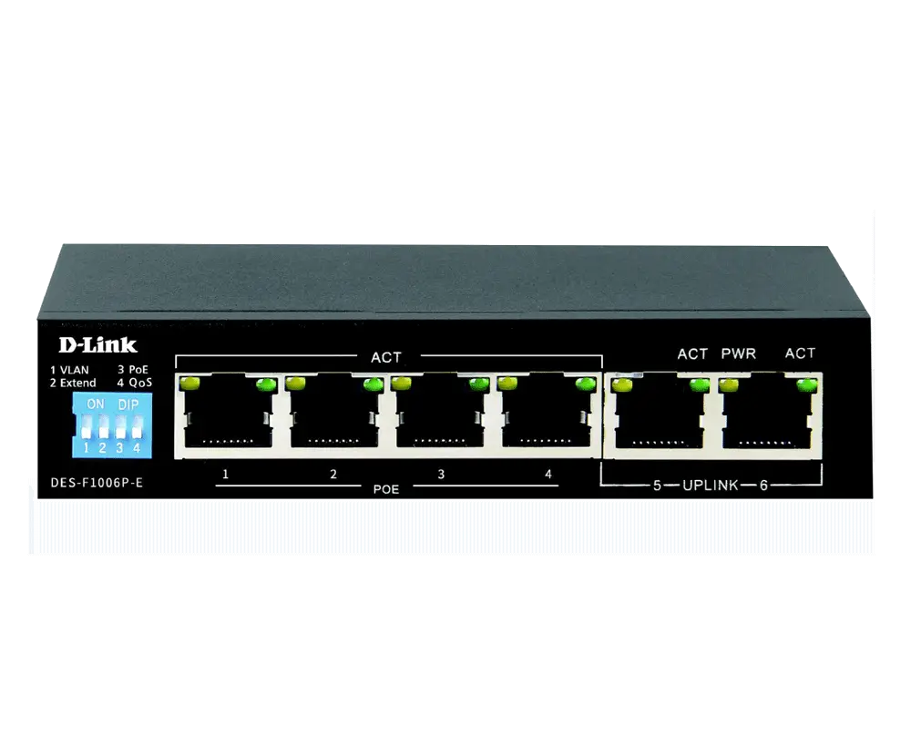 D-Link DES-F1006P-E Unmanaged Switch Auto-negotiation Compact Design Power over Ethernet (PoE) Flexible Deployment Reliable Performance Plug-and-Play Cost-effective