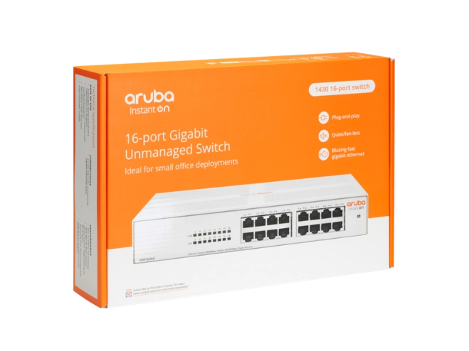 HPE Aruba Networking Instant On Switch 16p Gigabit 1430 R8R47A 16 Gigabit Ethernet Ports Fanless Design Compact Form Factor QoS (Quality of Service) VLAN Support