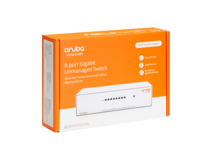 HPE Aruba Networking Instant On Switch 8p Gigabit CL4 PoE 64W 1430 R8R46A 8 Gigabit Ethernet Ports Fanless Design Compact Form Factor Plug-and-Play QoS (Quality of Service)