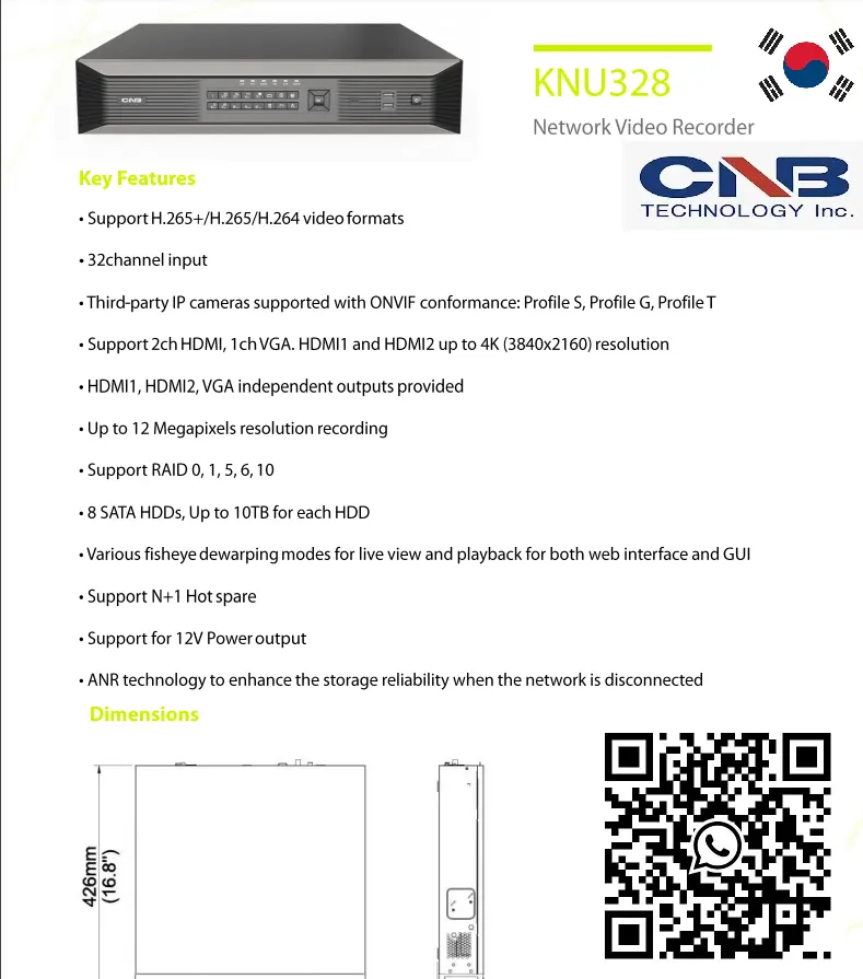 CNB KOREA 32 CH H.265 AND 4K NVR KNU328 Remote Monitoring Multiple Recording Modes Expandable Storage HDMI and VGA Outputs SGCCTV SECURITY PACKAGE CCTV Camera Installation Singapore