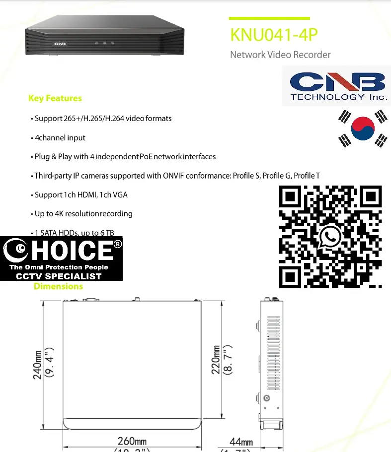 CNB KOREA 4CH POE H.265N4K NVR KNU041-4P Network Video Recorder Motion Detection Plug-and-Play Installation Dual-Stream Recording SGCCTV SECURITY PACKAGE CCTV Camera Installation Singapore