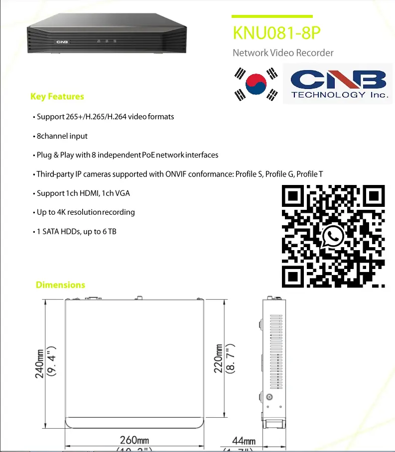 CNB KOREA 8CH POE H.265 4K NVR KNU081-8P 4K Ultra HD Resolution etwork Video Recorder Motion Detection Plug-and-Play Installation SGCCTV SECURITY PACKAGE CCTV Camera Installation Singapore