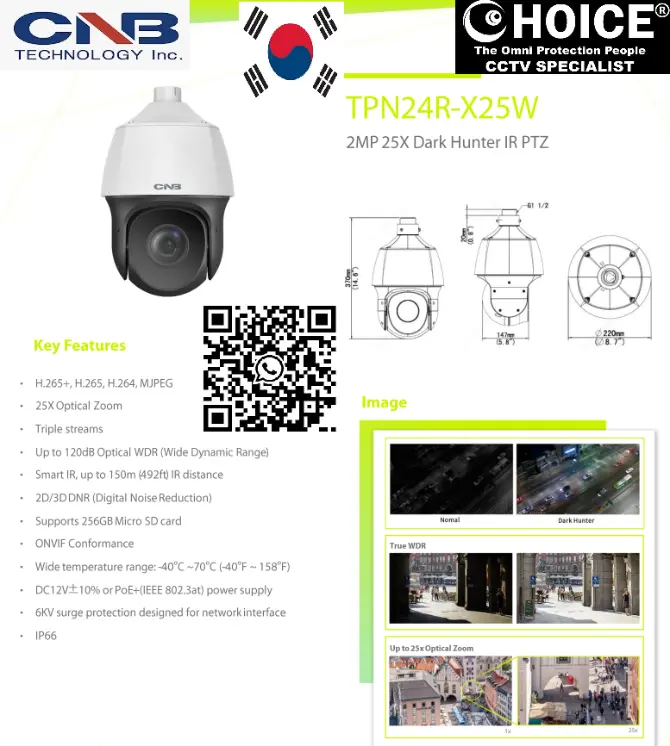 CNB KOREA 2MP DARKHUNTER 25X PTZ TPN24R-X25W 2MP Resolution 25X Optical Zoom Darkhunter Technology Weatherproof Design SGCCTV SECURITY PACKAGE CCTV Camera Installation Singapore