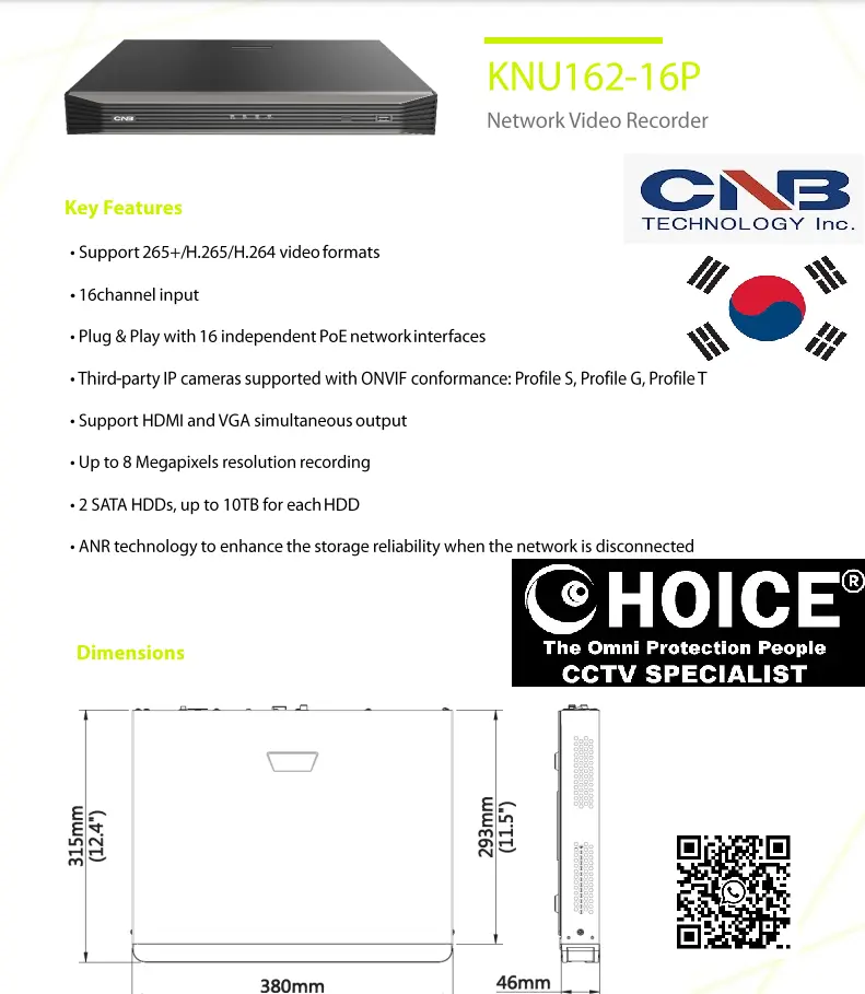 CNB KOREA 16CH POE H.265 AND 4K NVR KNU164-16P Remote Monitoring Motion Detection Expandable Storage Multiple Recording Modes SGCCTV SECURITY PACKAGE CCTV Camera Installation Singapore