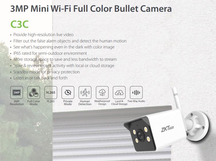 ZKTECO 3MP MINI WII BULLET CAMERA C3C High Resolution Wi-Fi Connectivity Weatherproof Design Infrared Night Vision SGCCTV SECURITY PACKAGE CCTV Camera Installation Singapore