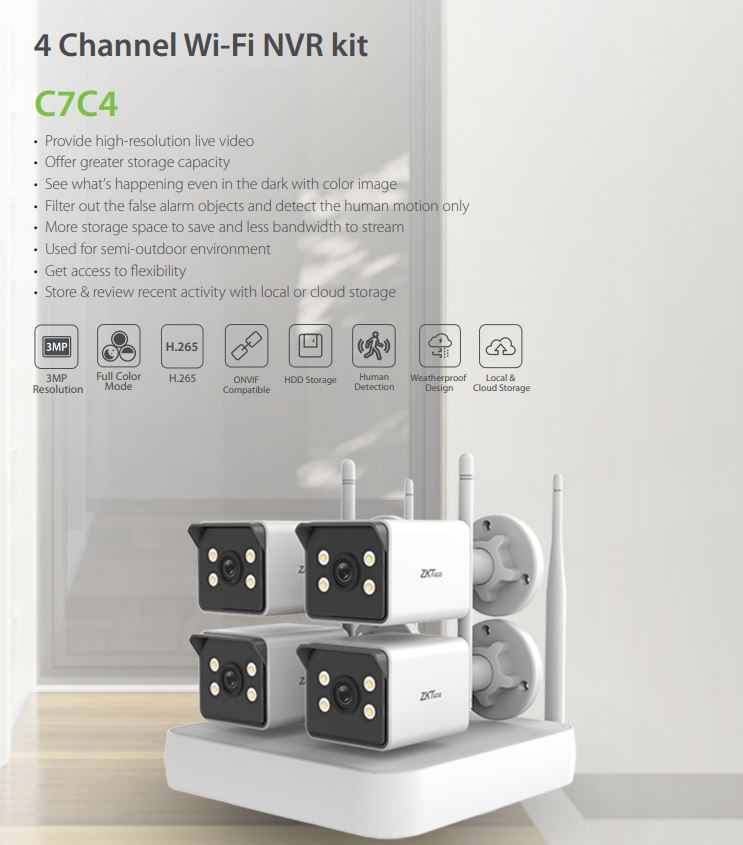 ZKTECO 4 Channel Wi-Fi NVR kit C7C4 4-Channel NVR Plug-and-Play Setup Local and Cloud Storage Motion Detection SGCCTV SECURITY PACKAGE CCTV Camera Installation Singapore