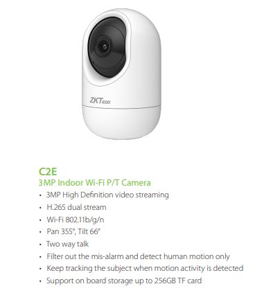 ZKTECO 3MP Indoor Wi-Fi P/T Camera C2E High Resolution Pan/Tilt Functionality Wi-Fi Connectivity Night Vision Motion Detection SGCCTV SECURITY PACKAGE CCTV Camera Installation Singapore