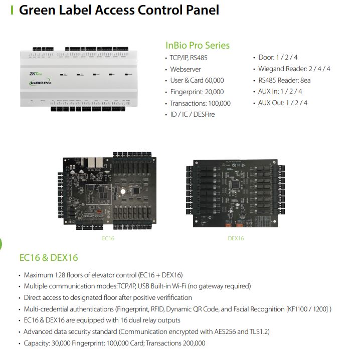 ZKTECO Green Label Access Control Panel EC16 & DEX16 Flexible Capacity Communication Interfaces Integration Capabilities Advanced Security Features Event Management