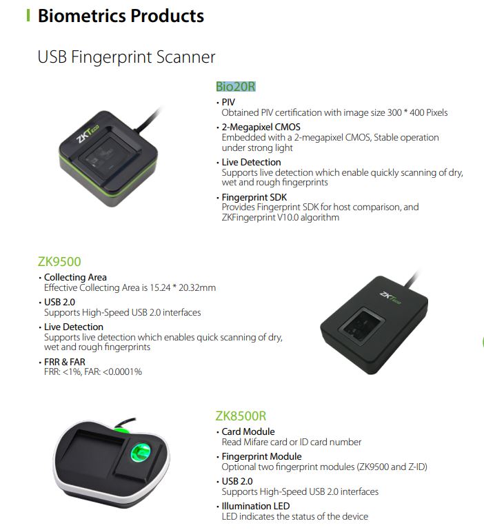 ZKTECO USB Fingerprint Scanner Bio20R Compact Design Fingerprint Sensor Plug-and-Play Connectivity  Biometric Verification Compatibility Live Finger Detection Durable Construction