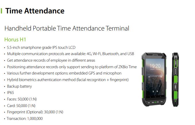 ZKTECO Portable Time Attendance Terminal HORUS H1 Portable Design Biometric Verification RFID Card Reader Communication Options Battery Operated LCD Display Software Compatibility