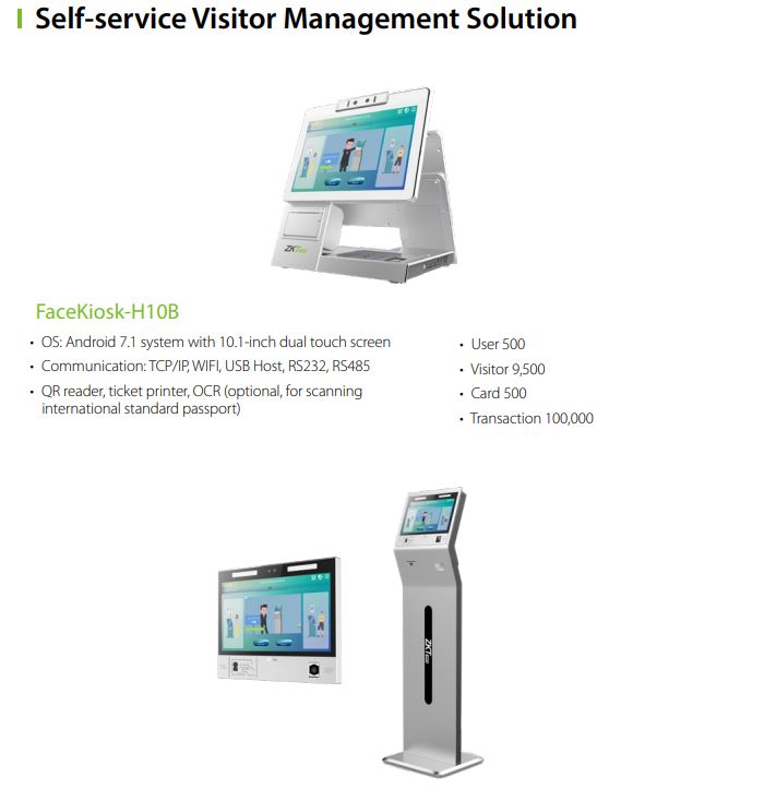 ZKTECO Visitor Management Solution FaceKiosk-H10B Facial Recognition Technology Multi-Modal Biometric Verification Integrated Touchscreen Display Visitor Registration and Management