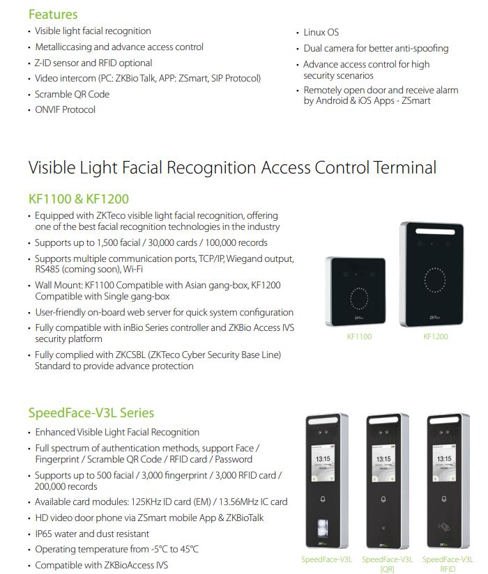 ZKTECO Door Access Control TERMINAL KF1100 & KF1200 Advanced Access Control Technology Standalone or Networked Operation Large Capacity Tamper Detection User-Friendly Interface
