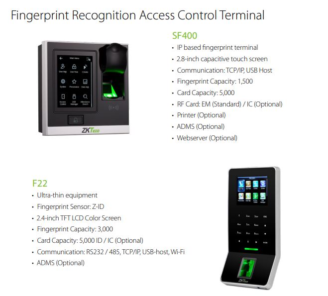 ZKTECO Fingerprint Recognition Access Control SF400 Fingerprint Recognition Access Control Attendance Tracking User Capacity Communication Interfaces Tamper Alarm and Duress Finger Function