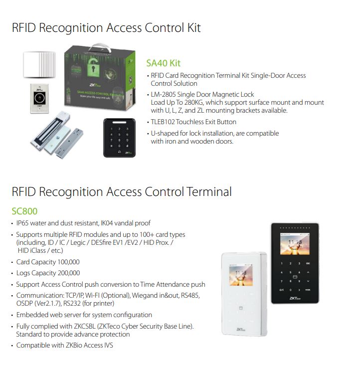 ZKTECO RFID Recognition Access Control Kit SA40 RFID Technology Access Control Attendance Tracking User Capacity Communication Interfaces Tamper Alarm and Duress Mode