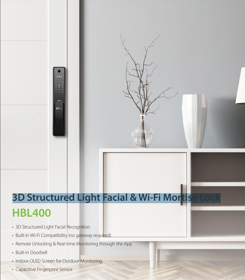 ZKTECO Digital Door Lock Facial Wi-Fi HBL400 3D Structured Facial Recognition Mortise Lock Touchscreen Keypad Alarm Home Office Smart Lock