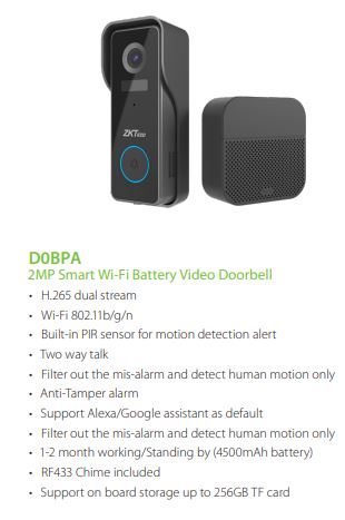 ZKTECO 2MP Smart Wi-Fi Battery Video Doorbell D0BPA Two-Way Audio Night Vision Alert Notifications Mobile App Integration SGCCTV SECURITY PACKAGE CCTV Camera Installation Singapore