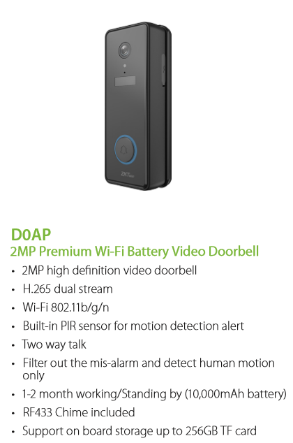 ZKTECO 2MP Premium Wi-Fi Battery Video Doorbell D0AP Two-Way Audio Wide-Angle Lens Weatherproof Design SGCCTV SECURITY PACKAGE CCTV Camera Installation Singapore